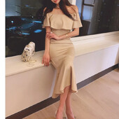 Elegantiška moteriška suknelė, socialinio stiliaus, vieno žodžio apykakle, raukinamas kraštas, vidutinio ilgio sijonas su žuvies uodega, 2023 m. vasaros naujiena