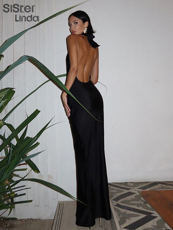 sisterlinda Summer Release juuniori pahkluuni ulatuv seksikas High Street kleit K24D49108 Tüdrukule Solid Halter dekoltee õõnes seljata rüü