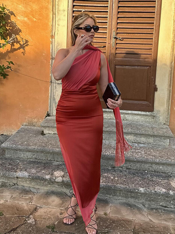 Naiste Elegantne narmastega sall, kontrastne marli midikleit, moodne õlgadeta seljata lõhestatud õhukesed kleidid, uued naiste pidulikud kleidid