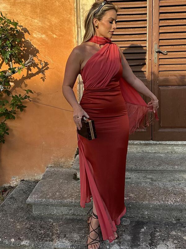 Naiste Elegantne narmastega sall, kontrastne marli midikleit, moodne õlgadeta seljata lõhestatud õhukesed kleidid, uued naiste pidulikud kleidid