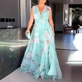 2024, primăvară vară, îmbrăcăminte nouă pentru femei, cu decolteu în V, fără mâneci, imprimată, fără spate, rochie mare leagăn, talie înaltă, rochie largi