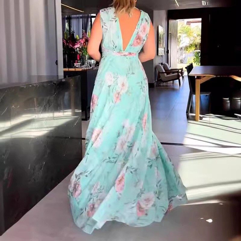 2024, primăvară vară, îmbrăcăminte nouă pentru femei, cu decolteu în V, fără mâneci, imprimată, fără spate, rochie mare leagăn, talie înaltă, rochie largi