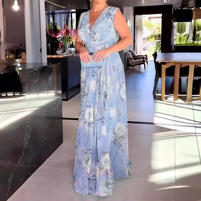 2024, primăvară vară, îmbrăcăminte nouă pentru femei, cu decolteu în V, fără mâneci, imprimată, fără spate, rochie mare leagăn, talie înaltă, rochie largi
