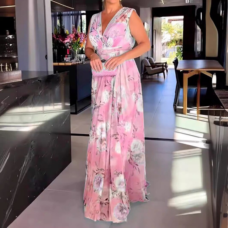 2024, primăvară vară, îmbrăcăminte nouă pentru femei, cu decolteu în V, fără mâneci, imprimată, fără spate, rochie mare leagăn, talie înaltă, rochie largi