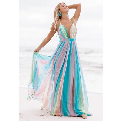 Rochie sexy femei vară curea spaghetti plasă decolteu în V subțire mare leagăn culori curcubeu femei fără spate haine lungi