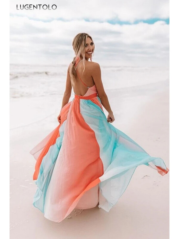 Rochie sexy femei vară curea spaghetti plasă decolteu în V subțire mare leagăn culori curcubeu femei fără spate haine lungi