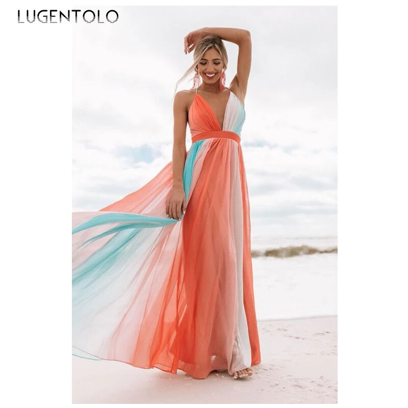 Rochie sexy femei vară curea spaghetti plasă decolteu în V subțire mare leagăn culori curcubeu femei fără spate haine lungi