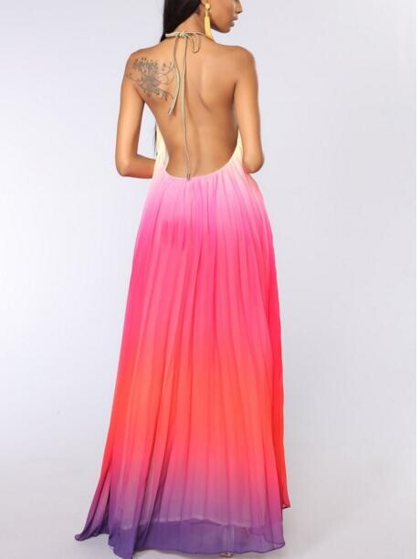 Pavasaris ir vasara naujo stiliaus Europos ir Amerikos moteriški drabužiai Atvira nugara paplūdimio suknelė Halter Chiffon Dress