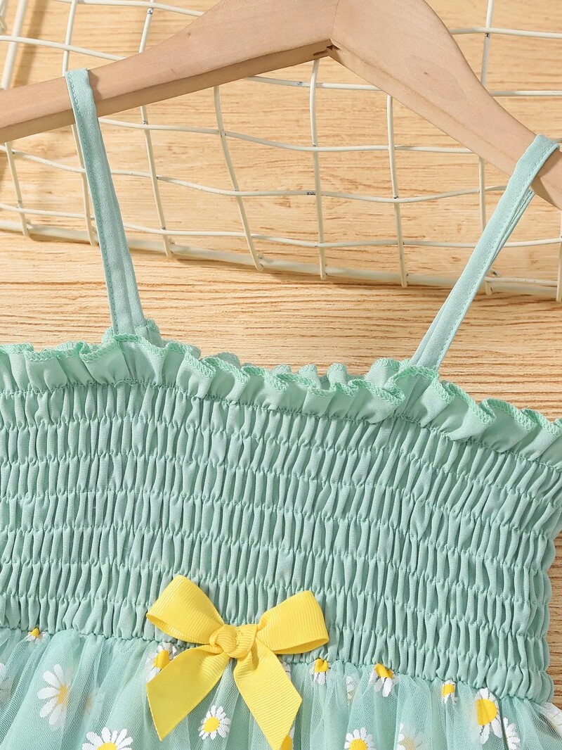 Rochie de vară fete cu bretele arc rochie prințesă fustă tifon flori 4-7a