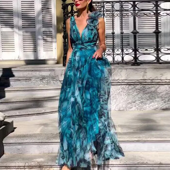 2023 Bohemian Resort Style Flowers Peacock Blue Polo φόρεμα με στάμπα βραδινό φόρεμα