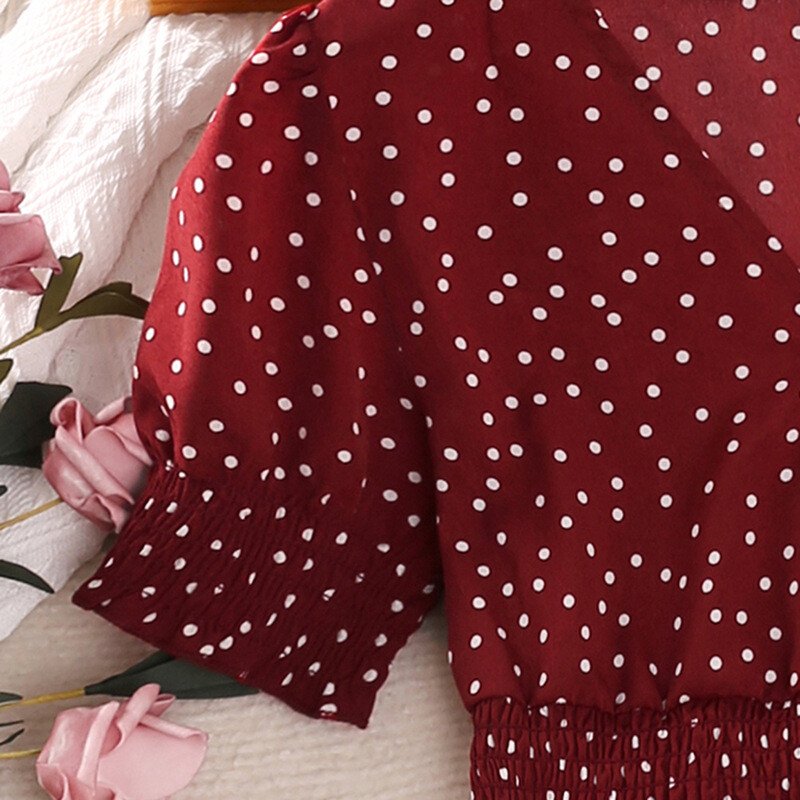 Rochie ocazională copii pentru fete vara 2023 noi copii cu mâneci scurte cu decolteu în V cu imprimeu cu puncte Rochie roșie prințesă Îmbrăcăminte la modă 7-14 ani