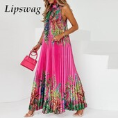 Moteriška laisvalaikio laisvų apynasrių klostuota maxi suknelė moteriška madinga lapų spauda be rankovių paplūdimio Boho suknelė Elegantiška apynasriu ilga vakarėlio suknelė