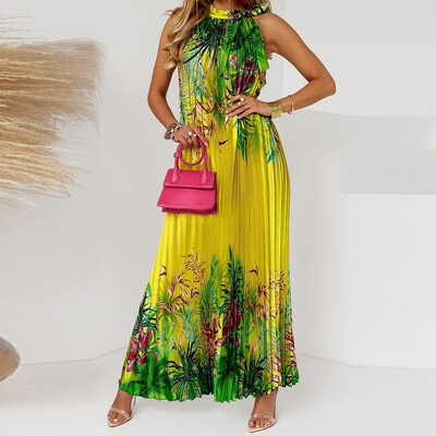 Moteriška laisvalaikio laisvų apynasrių klostuota maxi suknelė moteriška madinga lapų spauda be rankovių paplūdimio Boho suknelė Elegantiška apynasriu ilga vakarėlio suknelė