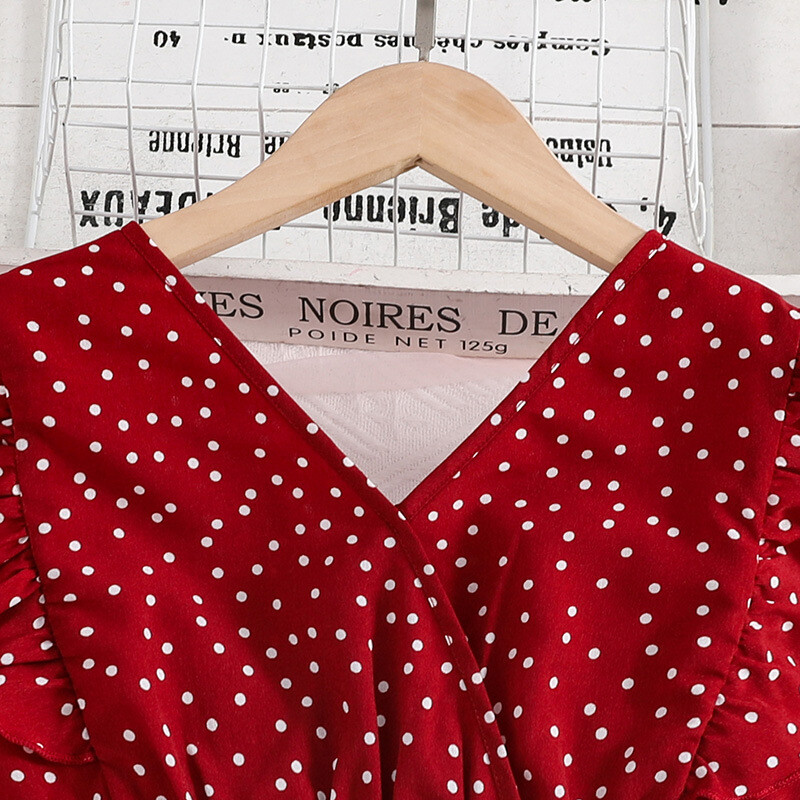 Lastele mõeldud vabaajakleit tüdrukutele, 2024. aasta suveriided, uus lastemoodne V-kaelusega varrukateta täpitrükiga punane A-joonega printsesskleit 7–14 a.