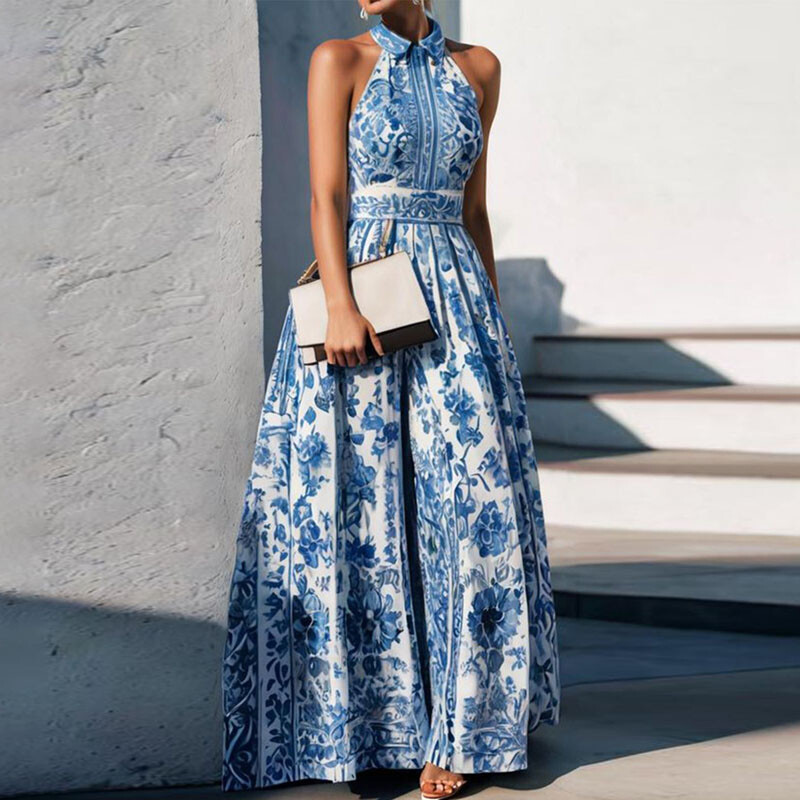 Vintage cu imprimeu floral rochii boeme pentru femei de primăvară elegantă cu guler polo rochie maxi sexy de vară fără mâneci rochie lungă în formă de A.