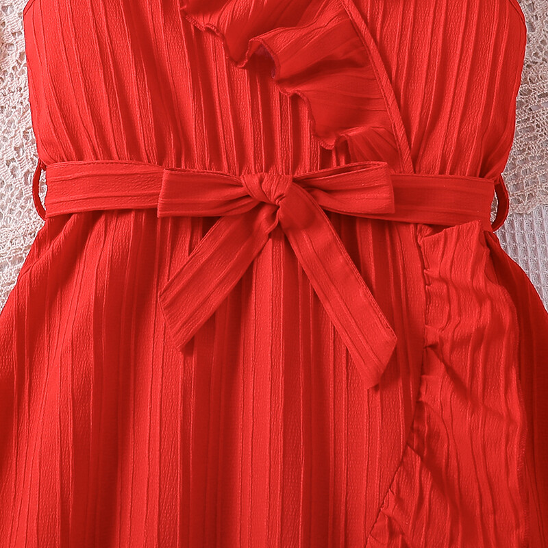 Suvine tüdrukute kleit 8-12 vanusele, punane V-kaelusega ebaregulaarne kleit, mis sobib vööga, mugav ja lahe