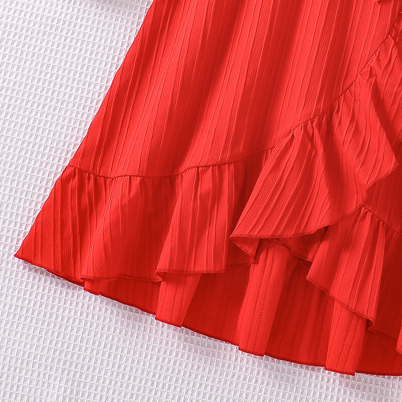 Suvine tüdrukute kleit 8-12 vanusele, punane V-kaelusega ebaregulaarne kleit, mis sobib vööga, mugav ja lahe