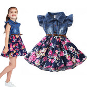 Ameerika ja Euroopa stiilis lilleline teksakleit 2–16-aastastele tüdrukutele noortele vööga vabaaja kleit lastele teismeliste moodsad suvekleidid