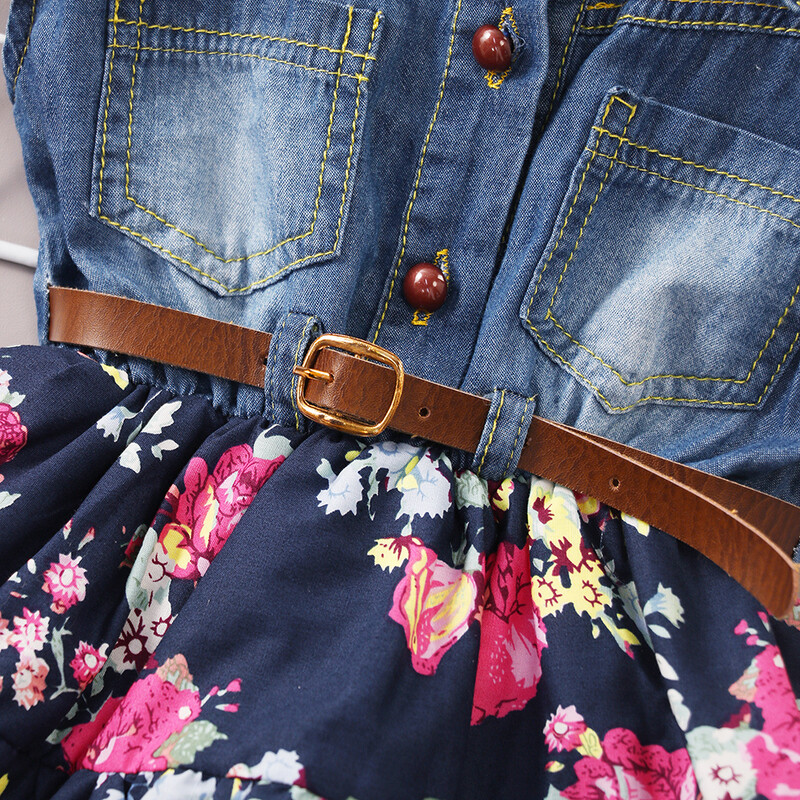 Ameerika ja Euroopa stiilis lilleline teksakleit 2–16-aastastele tüdrukutele noortele vööga vabaaja kleit lastele teismeliste moodsad suvekleidid