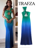 TRAFZA naiste gradientvärviga seksikas õõnsa kaunistusega peokleit Elegantne naiste asümmeetriline kondita kleit suveriided Y2K