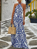 Naiste varrukateta portselanmustriga prinditud lendav tagasihoidlik midikleit suvine vabaaja mugavad päitsetega kaelusega pikad maksikleidid