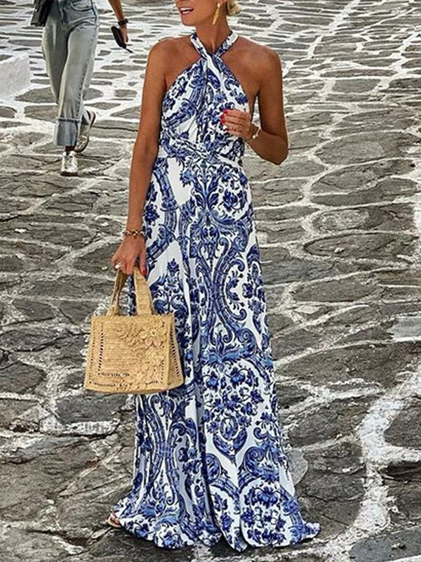 Naiste varrukateta portselanmustriga prinditud lendav tagasihoidlik midikleit suvine vabaaja mugavad päitsetega kaelusega pikad maksikleidid
