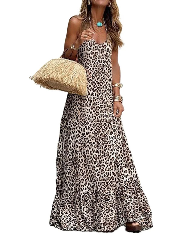 Γυναικείο σέξι μάξι φόρεμα με λαιμόκοψη με λεοπάρ στάμπα