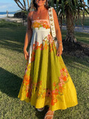 Ženska sarafana s naramenicama Malakai mješavina lana s kontrastnim cvjetnim printom, maxi haljina s džepovima na stražnjoj strani