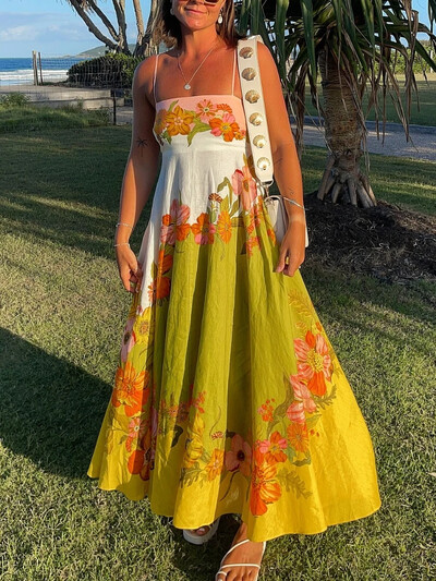 Ženska sarafana s naramenicama Malakai mješavina lana s kontrastnim cvjetnim printom, maxi haljina s džepovima na stražnjoj strani