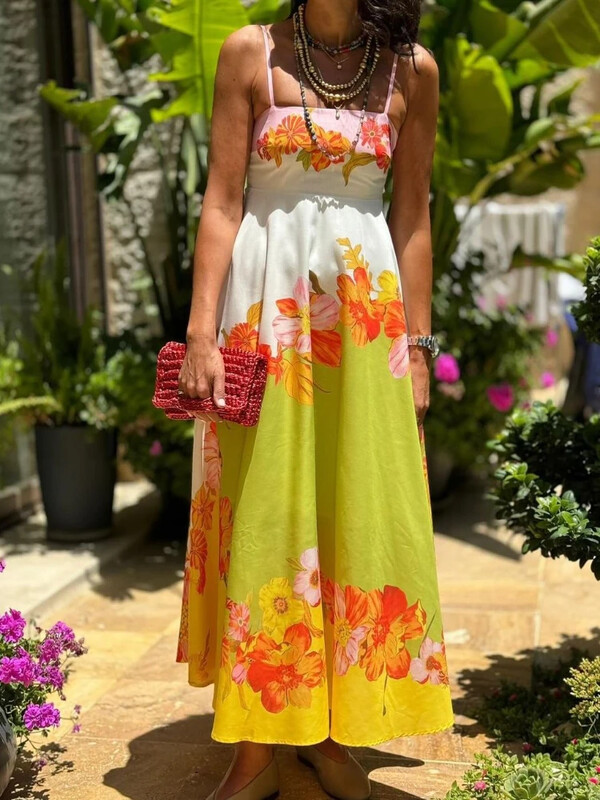 Ženska sarafana s naramenicama Malakai mješavina lana s kontrastnim cvjetnim printom, maxi haljina s džepovima na stražnjoj strani