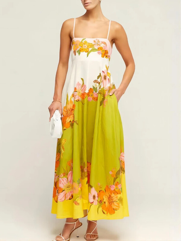 Ženska sarafana s naramenicama Malakai mješavina lana s kontrastnim cvjetnim printom, maxi haljina s džepovima na stražnjoj strani