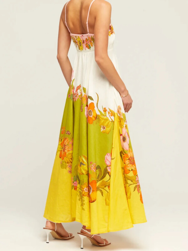 Ženska sarafana s naramenicama Malakai mješavina lana s kontrastnim cvjetnim printom, maxi haljina s džepovima na stražnjoj strani