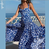 Wefads Maxi Kleit Naiste Suvine Seksikas Prindiga Suspender Varrukateta Sinine Plisseeritud A-Line Volangidega Suur ääris Kleit Rannapeokleit