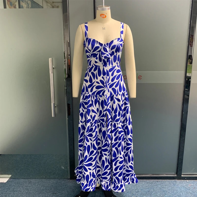 Wefads Maxi Kleit Naiste Suvine Seksikas Prindiga Suspender Varrukateta Sinine Plisseeritud A-Line Volangidega Suur ääris Kleit Rannapeokleit