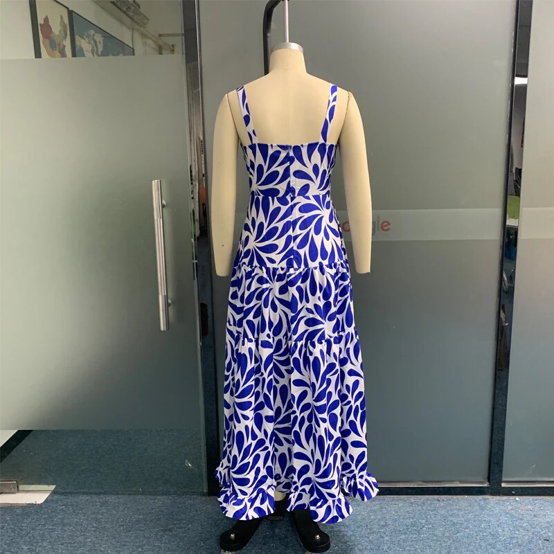 Wefads Maxi Kleit Naiste Suvine Seksikas Prindiga Suspender Varrukateta Sinine Plisseeritud A-Line Volangidega Suur ääris Kleit Rannapeokleit