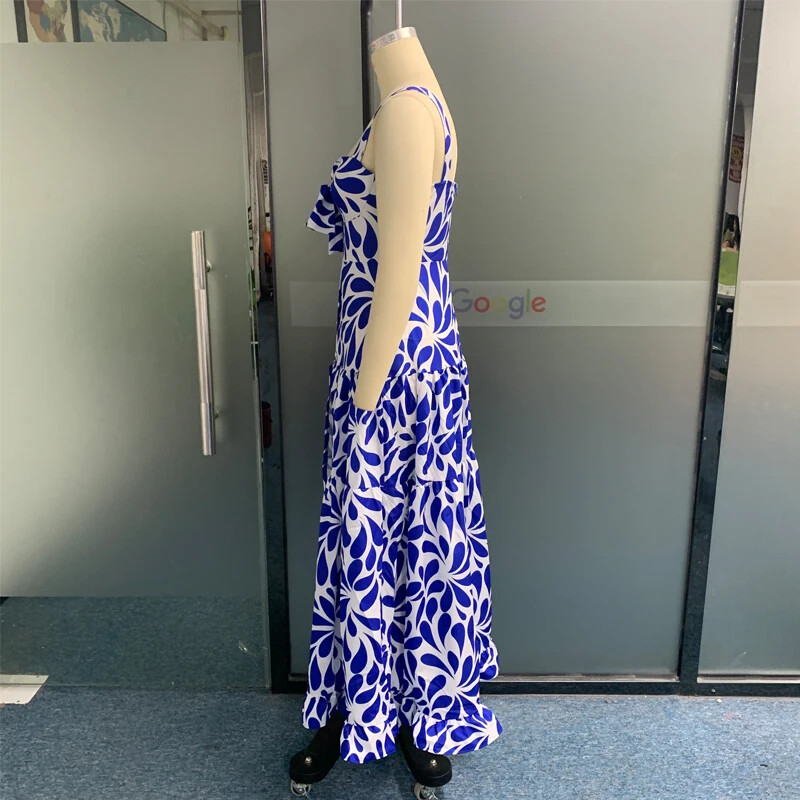 Wefads Maxi Kleit Naiste Suvine Seksikas Prindiga Suspender Varrukateta Sinine Plisseeritud A-Line Volangidega Suur ääris Kleit Rannapeokleit