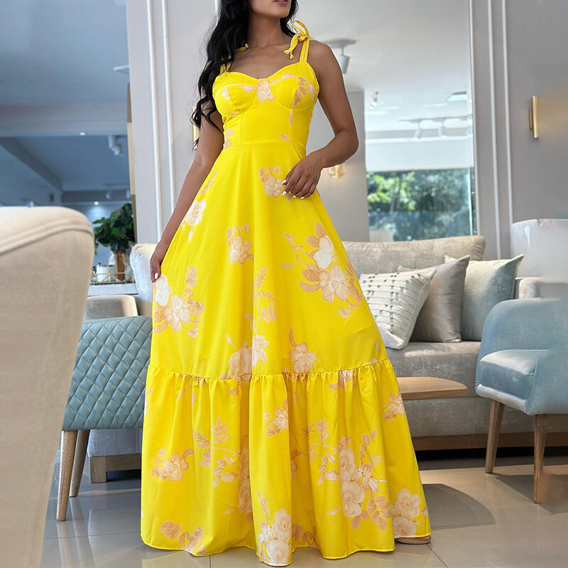 BAMBOOBOY Naiste varrukateta plisseeritud pikk kleit suvine V-kaelusega lilleline kõrge vöökohaga pidu Seksikas puhkuseks rannaspagetirihmaga päikesekleit