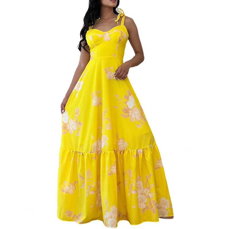 BAMBOOBOY Naiste varrukateta plisseeritud pikk kleit suvine V-kaelusega lilleline kõrge vöökohaga pidu Seksikas puhkuseks rannaspagetirihmaga päikesekleit