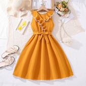 Lastele mõeldud vabaajakleit tüdrukutele, riided, uued lapsed, mood, kollased volangid, varrukateta A-kujuline elegantne printsesskleit 7-14 a.