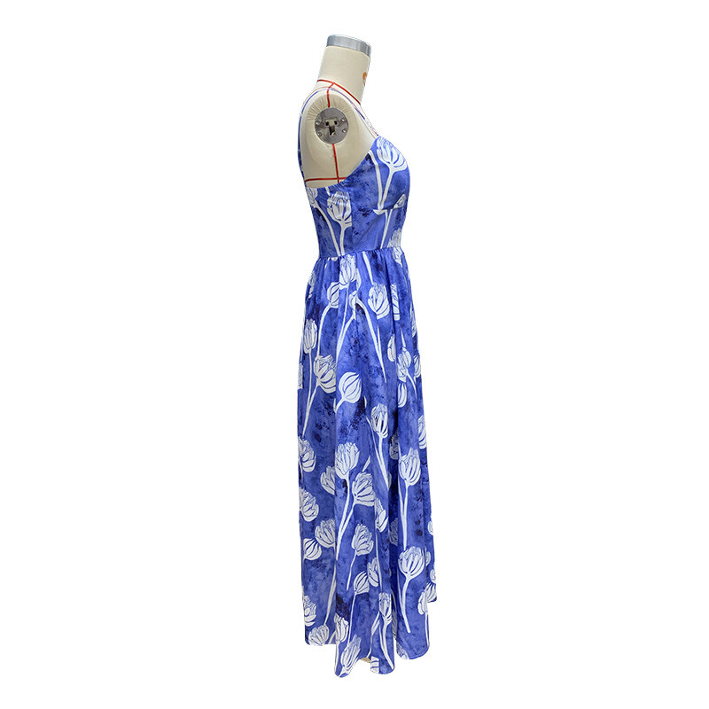 BAMBOOBOY Bohemian Summer Printed Μακρύ Φόρεμα σε γραμμή Α Σέξι εξώπλατο Holiday Beach Spaghetti Μπλε φορέματα για γυναίκες