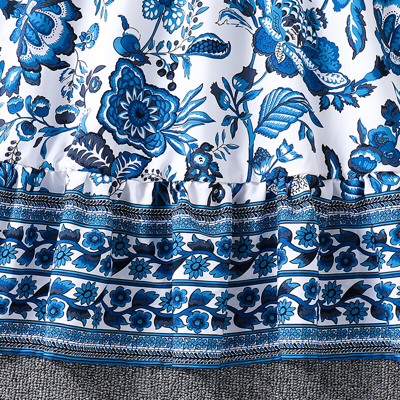 Lastekleit tüdrukutele Sinise lillega pikk kleit ja eemaldatav vöö Elegantne stiil Stiilne suvepuhkus Igapäevased lasteriided