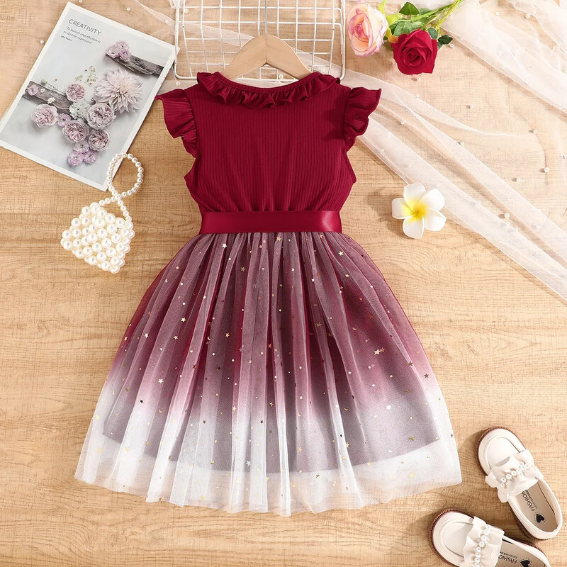 Kleit lastele 2–8-aastastele Moodne suvine armas volangidega varrukateta staartüllist printsesskleidid Ootd beebitüdrukule