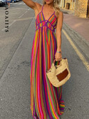 Aoaiiys vikerkaarekleit naistele varrukateta seljata V-kaelusega kõrge vöökohaga kleit Uus naiste mood rannas seksikas magus spagetirihm