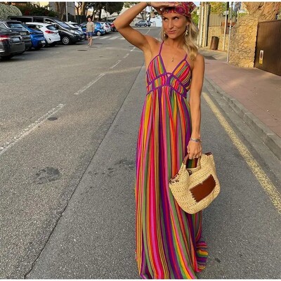 Aoaiiys vikerkaarekleit naistele varrukateta seljata V-kaelusega kõrge vöökohaga kleit Uus naiste mood rannas seksikas magus spagetirihm
