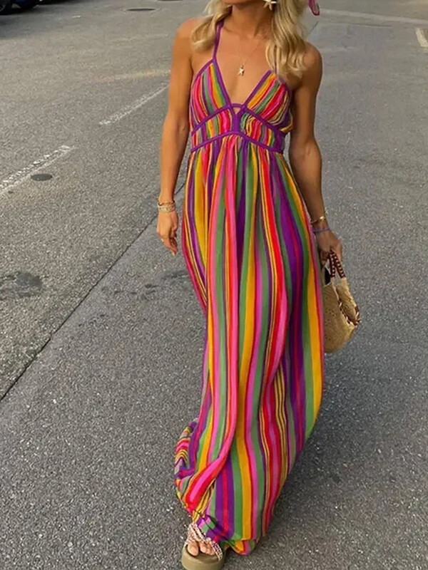 Aoaiiys vikerkaarekleit naistele varrukateta seljata V-kaelusega kõrge vöökohaga kleit Uus naiste mood rannas seksikas magus spagetirihm