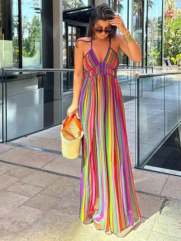 Aoaiiys vikerkaarekleit naistele varrukateta seljata V-kaelusega kõrge vöökohaga kleit Uus naiste mood rannas seksikas magus spagetirihm