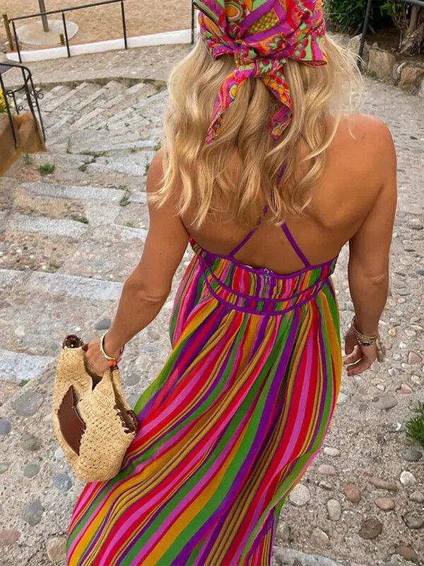 Aoaiiys vikerkaarekleit naistele varrukateta seljata V-kaelusega kõrge vöökohaga kleit Uus naiste mood rannas seksikas magus spagetirihm