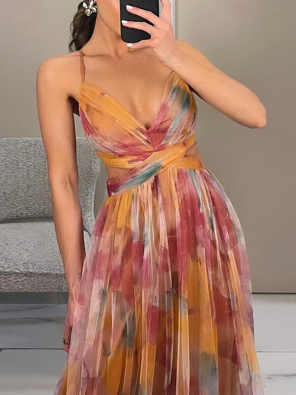 Γυναικείο σέξι φόρεμα για πάρτι, καλοκαιρινό διχτυωτό συνονθύλευμα Holiday print Βαθιά λαιμόκοψη V με κούφια έξω Αμάνικο λεπτή εφαρμογή Γυναικείο μάξι φόρεμα Vestidos