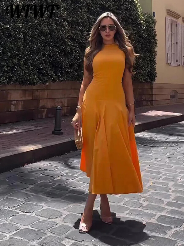 Õhuke plisseeritud tõmblukuga pikk kleit naistele Elegantne O-kaelusega varrukateta kõrge vöökohaga A-joonega kleidid 2024. aasta uued naiste moepeo vestid