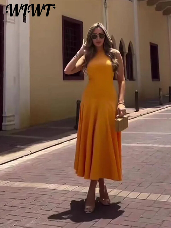 Õhuke plisseeritud tõmblukuga pikk kleit naistele Elegantne O-kaelusega varrukateta kõrge vöökohaga A-joonega kleidid 2024. aasta uued naiste moepeo vestid